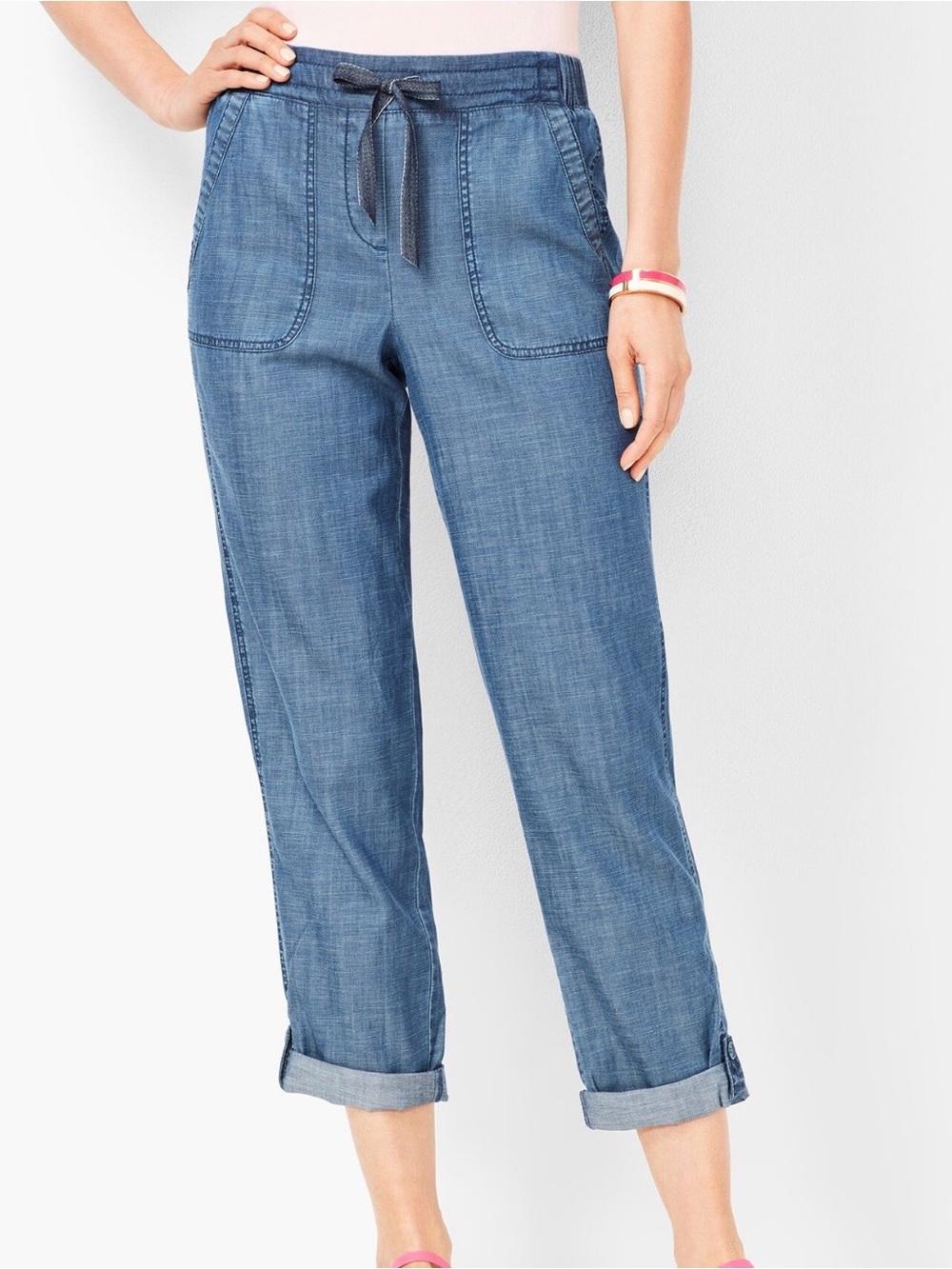 Talbots Signature Chambray Crop Pants 10 Blue Cotton Drawstring Capri Roll Up